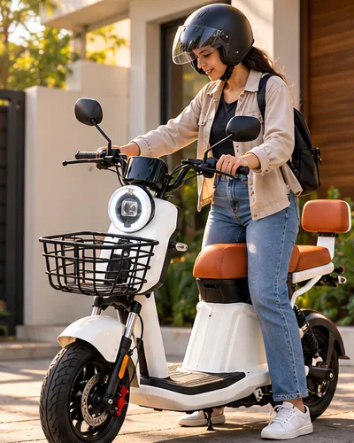 Pessoa saindo de casa na scooter elétrica