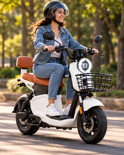 Mulher andando de scooter elétrica numa rua arborizada