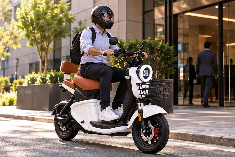 Pessoa chegando de scooter no trabalho
