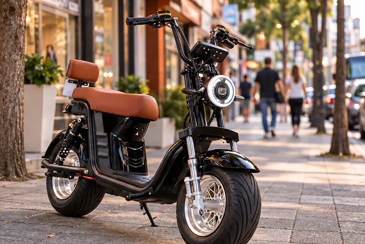 Scooter estacionada numa rua de comércio