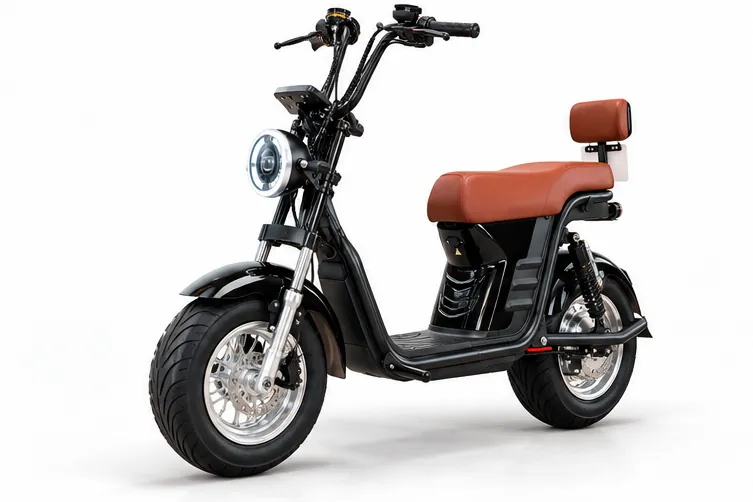 Scooter elétrica preta com banco marrom